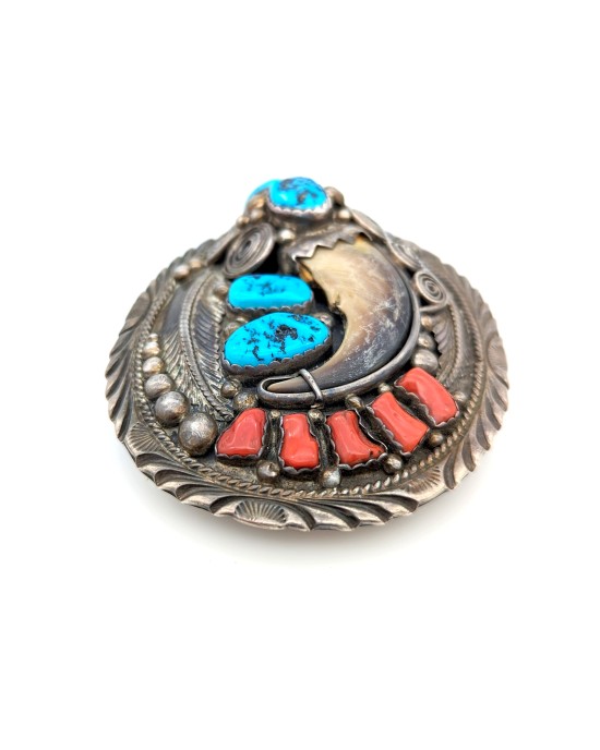 Navajo Percy Spencer Sterling SIlver Turquoise Coral & Bear Claw Buckle